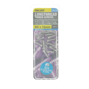 MACSIM 6Gx15mm Countersunk LONGTHREAD Timber Screw Stainless Steel SP21LS615