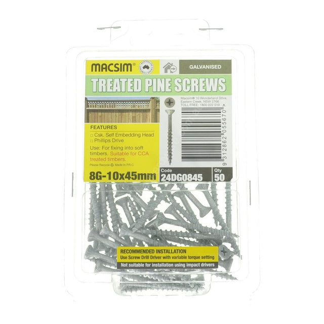 MACSIM 8G - 10x45mm Countersunk TREATED PINE Screw Galvanised 24DG0845