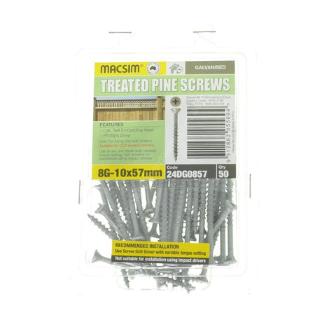 MACSIM 8G - 10x57mm Countersunk TREATED PINE Screw Galvanised 24DG0857