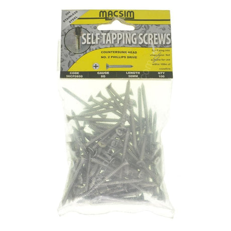 MACSIM 8Gx50mm Countersunk SELF TAPPING Screw Stainless Steel 56CP0850