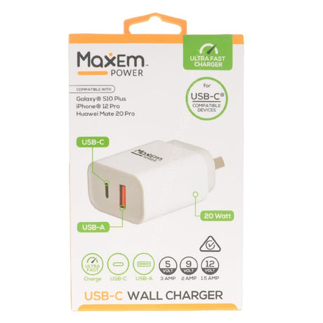 MaxEm USB - A & USB - C Ultra Fast Phone Charger 20W ELS - 0528