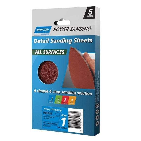 NORTON Detail Sanding Sheets All Surface P40 Grit 100x140mm No Hole 5 Sheets - Double Bay Hardware