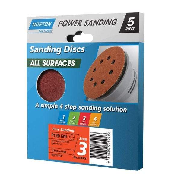 NORTON Sanding Discs All Surface P120 Grit 115mm x 8 Hole 5 Discs - Double Bay Hardware