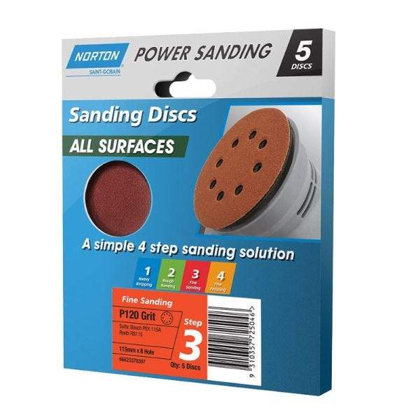 NORTON Sanding Discs All Surface P120 Grit 115mm x 8 Hole 5 Discs