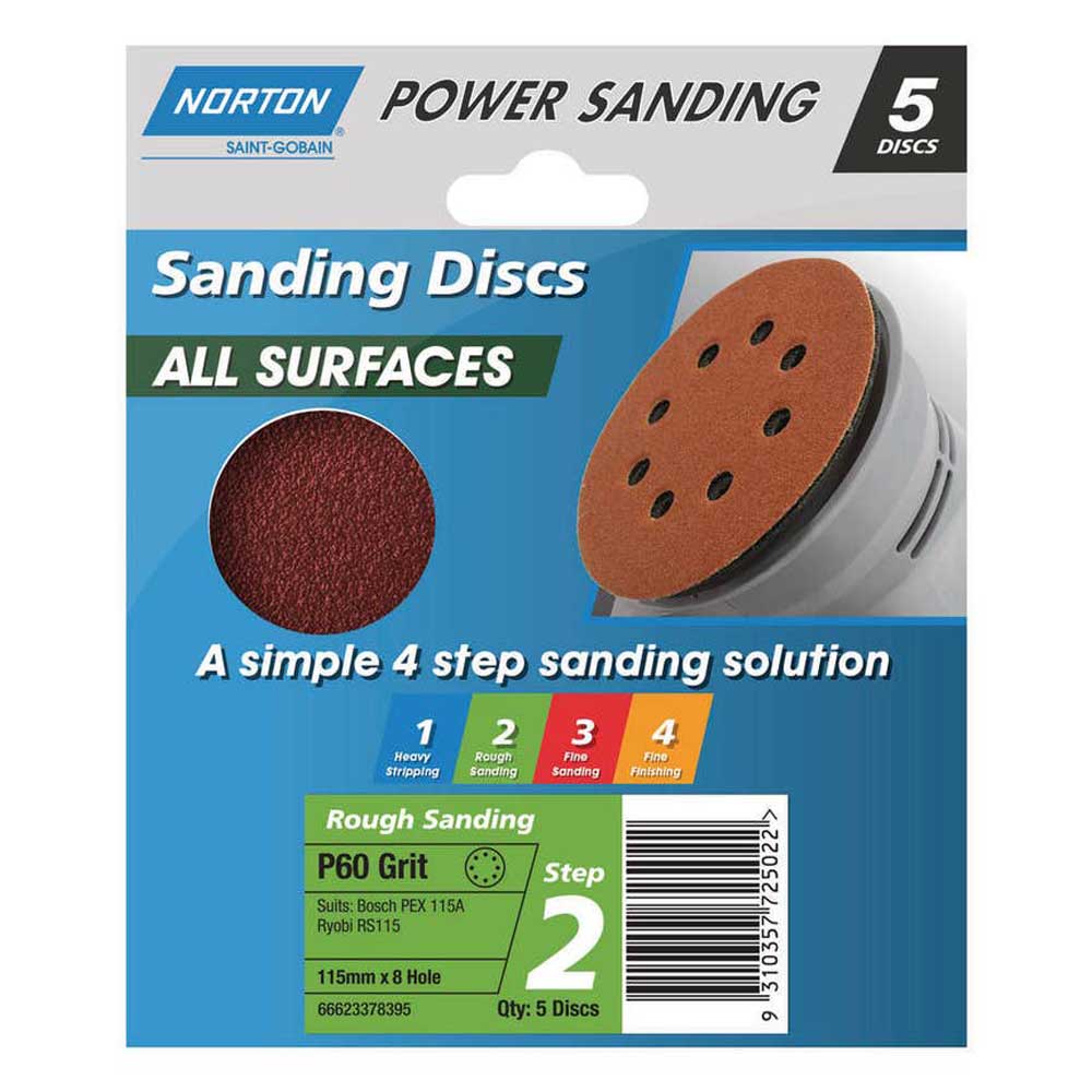 NORTON Sanding Discs All Surface P60 Grit 115mm x 8 Hole 5 Discs - Double Bay Hardware