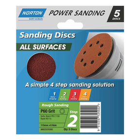 NORTON Sanding Discs All Surface P60 Grit 115mm x 8 Hole 5 Discs