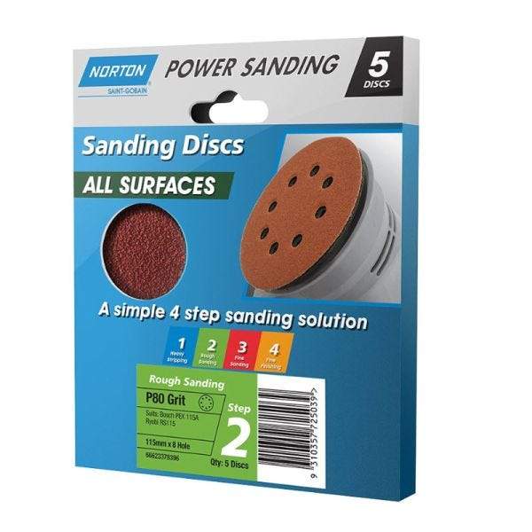 NORTON Sanding Discs All Surface P80 Grit 115mm x 8 Hole 5 Discs