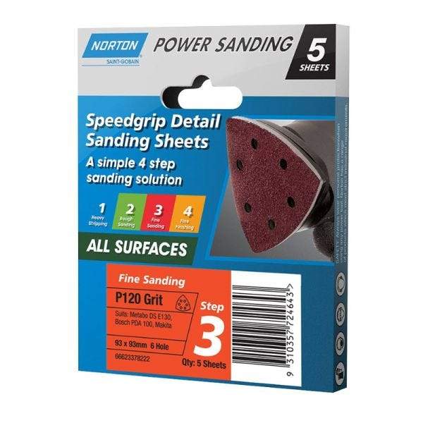 NORTON Speedgrip Detail Sanding Sheets P120 93x93mm 6 Holes 5 Sheets