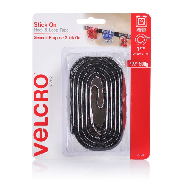 VELCRO Hook & Loop Stick On Tape 25mmX1m Black 25570