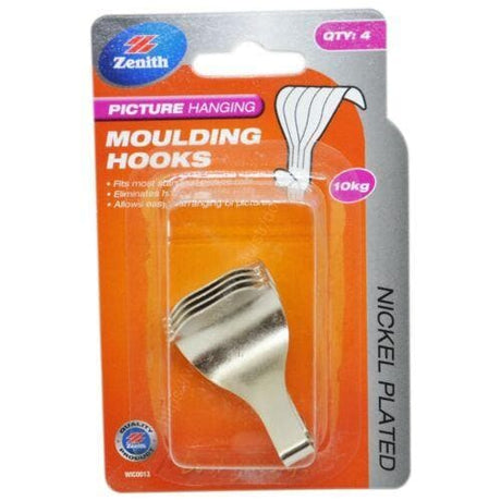 ZENITH 4Pcs Moulding Hooks Nickel Plated 10Kg To Hanging Pictures Over Rail