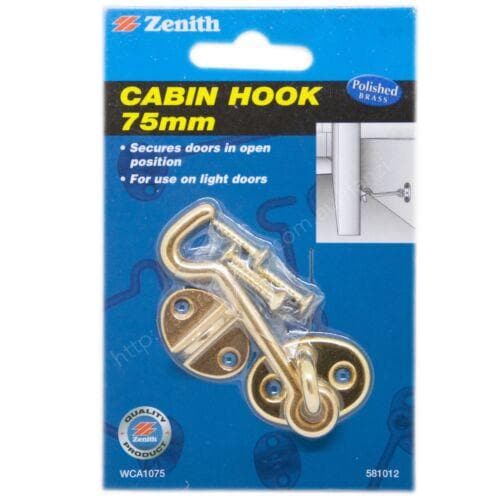 Zenith Cabin Hook 75mm Polished Brass Secures Door in Open Position WCA1075 - Double Bay Hardware