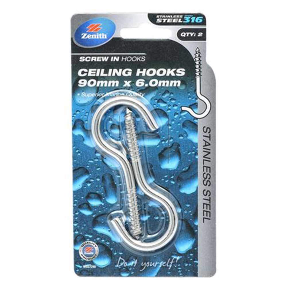 Zenith Ceiling Hook 6x90mm Stainless Steel 2Pcs WSS7290 - Double Bay Hardware
