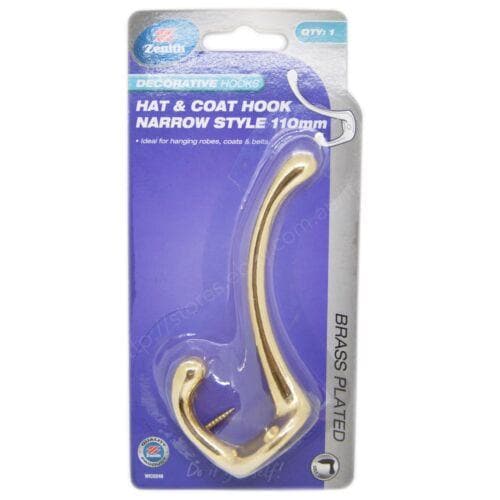 Zenith Decorative Hooks Hat & Coat Hook Narrow Style Brass Plated 110mm WIC0248 - Double Bay Hardware