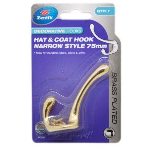 Zenith Decorative Hooks Hat & Coat Hook Narrow Style Brass Plated 75mm WIC0247 - Double Bay Hardware