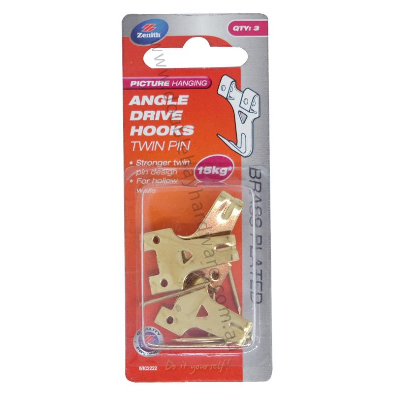 ZENITH Picture Angle Drive Hook Twin Pin 15KG Hollow Wall Brass Plated - Double Bay Hardware