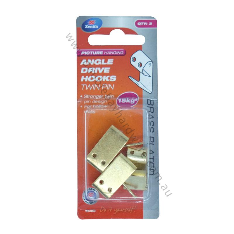 ZENITH Picture Angle Drive Hook Twin Pin 15KG Hollow Wall Brass Plated WIC4003 - Double Bay Hardware