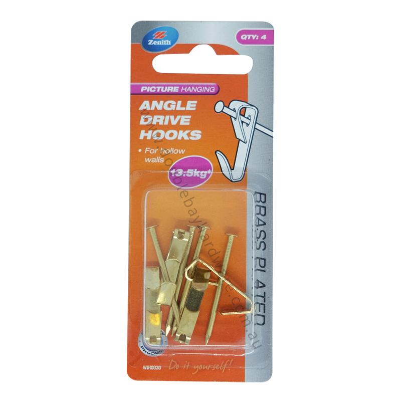 ZENITH Picture Hanging Angle Drive Hook 13.5KG Hollow Wall Brass Plated WIH0030 - Double Bay Hardware
