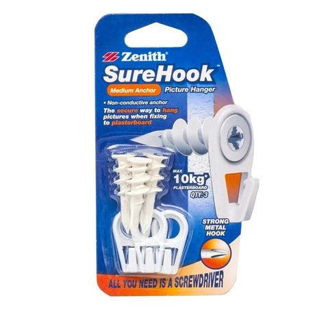 Zenith SureHook Picture Hanger on Pasterboard 10Kg 3Pcs WSH1010