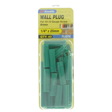 Zenith Wall Plug Green 1/4"x25mm For 10 - 12 Gauge Screw EAU0725